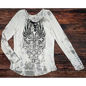 Affliction Free Lace Up Tee Shirt Tie Dye Lace Distressed Cross Wings Women's L